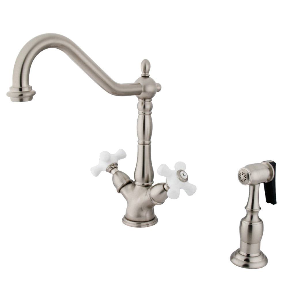 Kingston Brass KS1238PXBS Heritage 2-Handle Kitchen Faucet with Brass Sprayer and 8-Inch Plate, Brushed Nickel - BNGBath