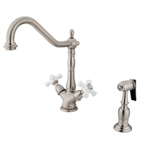 Thumbnail for Kingston Brass KS1238PXBS Heritage 2-Handle Kitchen Faucet with Brass Sprayer and 8-Inch Plate, Brushed Nickel - BNGBath