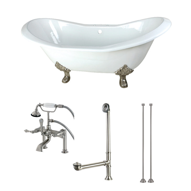 Aqua Eden KCT7D7231C8 72-Inch Cast Iron Double Slipper Clawfoot Tub Combo with Faucet and Supply Lines, White/Brushed Nickel - BNGBath