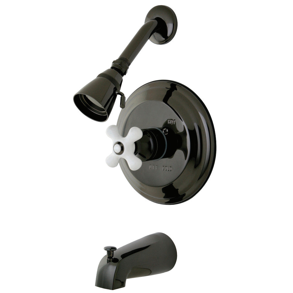Kingston Brass NB3630PX Water Onyx Pressure Balanced Tub & Shower Faucet with Porcelain Cross Handle, Black Stainless Steel - BNGBath