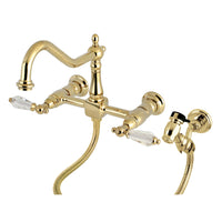 Thumbnail for Kingston Brass KS1242WLLBS Wilshire Wall Mount Bridge Kitchen Faucet with Brass Sprayer, Polished Brass - BNGBath