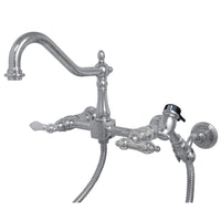 Thumbnail for Kingston Brass KS1241ALBS Heritage Two-Handle Wall Mount Bridge Kitchen Faucet with Brass Sprayer, Polished Chrome - BNGBath