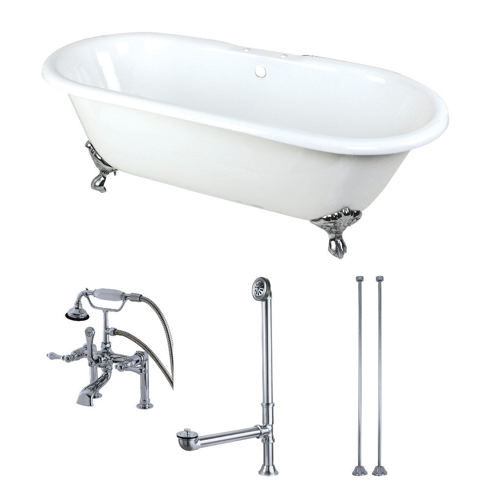 Aqua Eden KCT7D663013C1 66-Inch Cast Iron Double Ended Clawfoot Tub Combo with Faucet and Supply Lines, White/Polished Chrome - BNGBath