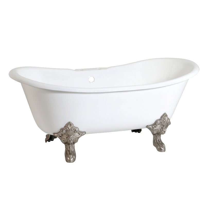 Aqua Eden VCT7DS6731NL8 67-Inch Cast Iron Double Slipper Clawfoot Tub with 7-Inch Faucet Drillings, White/Brushed Nickel - BNGBath
