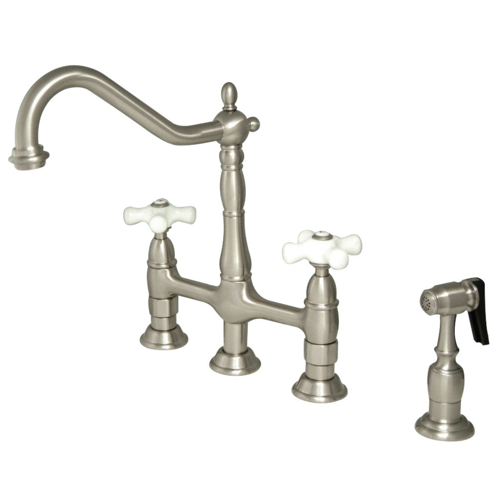 Kingston Brass KS1278PXBS Heritage Bridge Kitchen Faucet with Brass Sprayer, Brushed Nickel - BNGBath