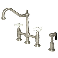 Thumbnail for Kingston Brass KS1278PXBS Heritage Bridge Kitchen Faucet with Brass Sprayer, Brushed Nickel - BNGBath