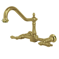 Thumbnail for Kingston Brass KS1242AL Heritage Two-Handle Wall Mount Bridge Kitchen Faucet, Polished Brass - BNGBath