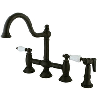 Thumbnail for Kingston Brass KS3795PLBS Restoration Bridge Kitchen Faucet with Brass Sprayer, Oil Rubbed Bronze - BNGBath
