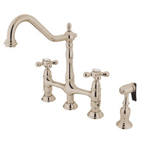 Thumbnail for Kingston Brass KS1276AXBS Heritage Bridge Kitchen Faucet with Brass Sprayer, Polished Nickel - BNGBath