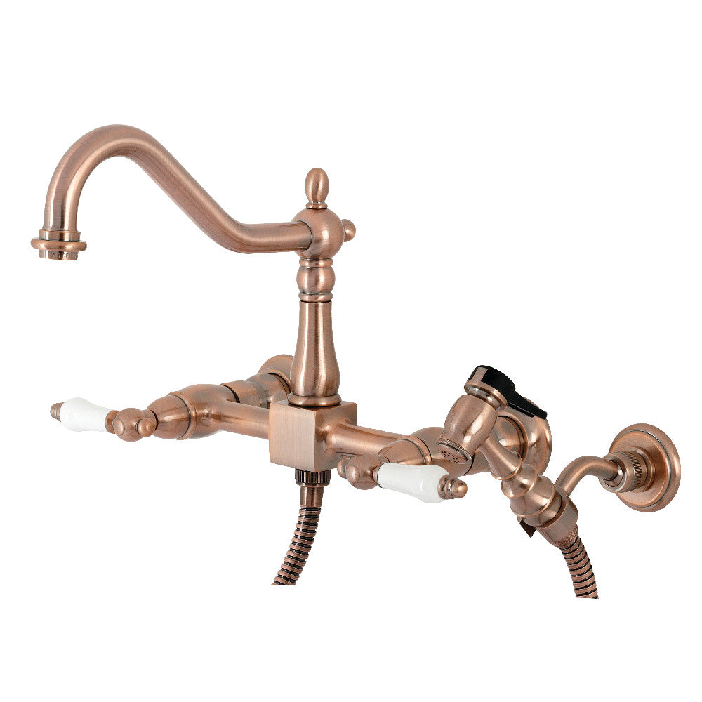 Kingston Brass KS124PLBSAC Heritage Two-Handle Wall Mount Bridge Kitchen Faucet with Brass Sprayer, Antique Copper - BNGBath