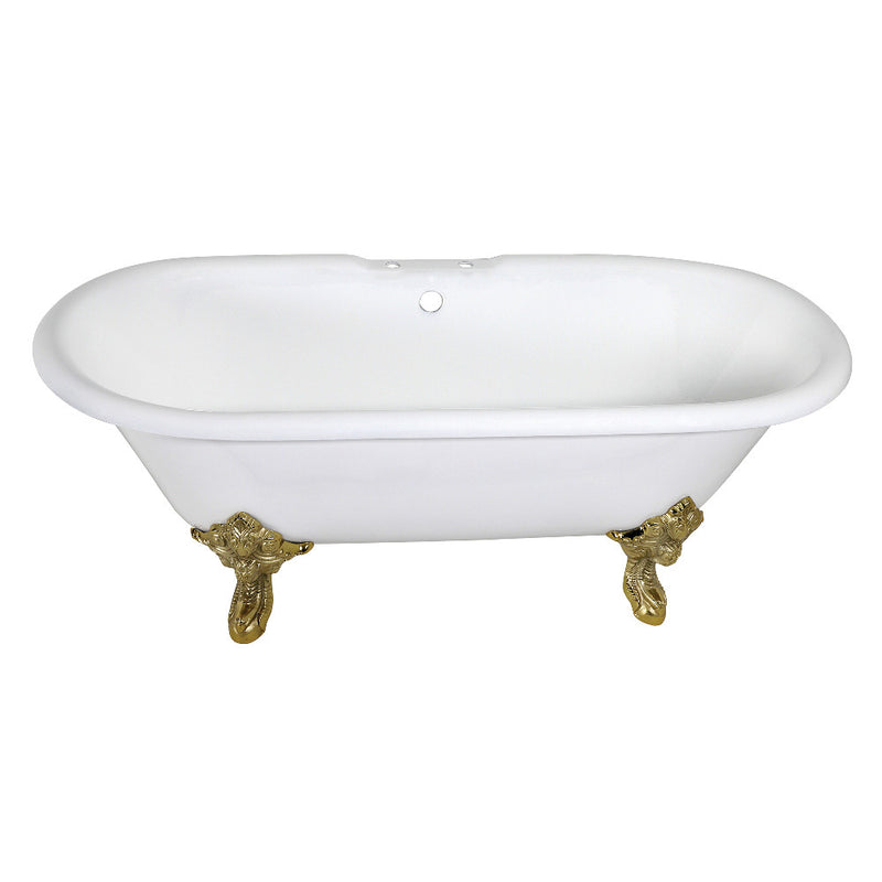 Aqua Eden VCT7DE7232NL2 72-Inch Cast Iron Double Ended Clawfoot Tub with 7-Inch Faucet Drillings, White/Polished Brass - BNGBath