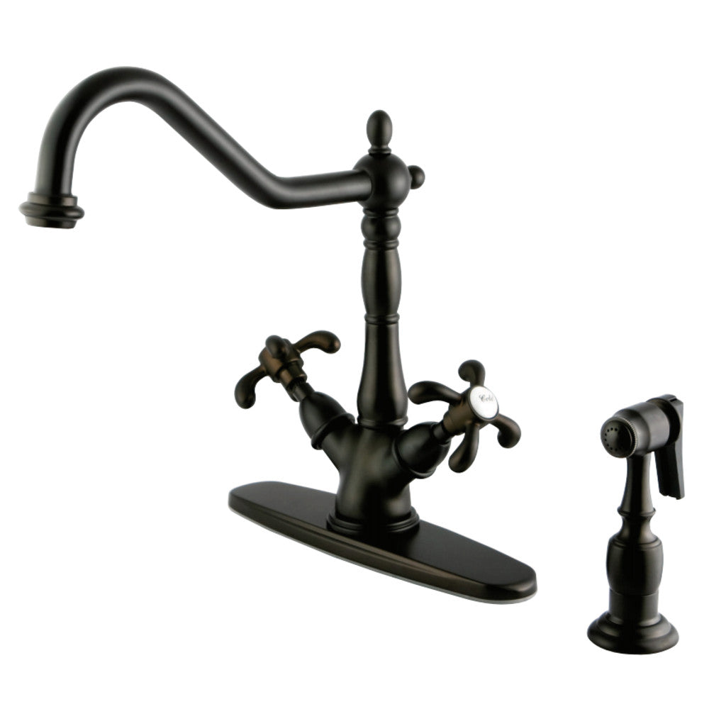 Kingston Brass KS1235TXBS French Country Mono Deck Mount Kitchen Faucet with Brass Sprayer, Oil Rubbed Bronze - BNGBath