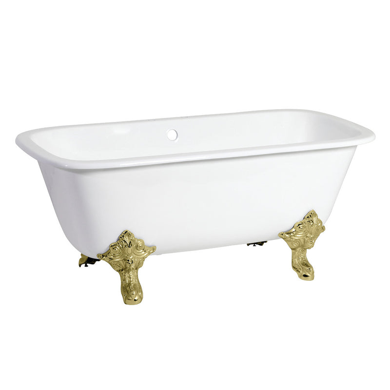 Aqua Eden VCTQ7D6732NL2 67-Inch Cast Iron Double Ended Clawfoot Tub with 7-Inch Faucet Drillings, White/Polished Brass - BNGBath