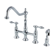 Thumbnail for Kingston Brass KS1271TALBS Tudor Bridge Kitchen Faucet with Brass Sprayer, Polished Chrome - BNGBath