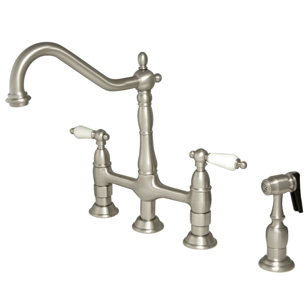 Kingston Brass KS1278PLBS Heritage Bridge Kitchen Faucet with Brass Sprayer, Brushed Nickel - BNGBath