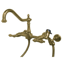 Thumbnail for Kingston Brass KS1242ALBS Heritage Two-Handle Wall Mount Bridge Kitchen Faucet with Brass Sprayer, Polished Brass - BNGBath