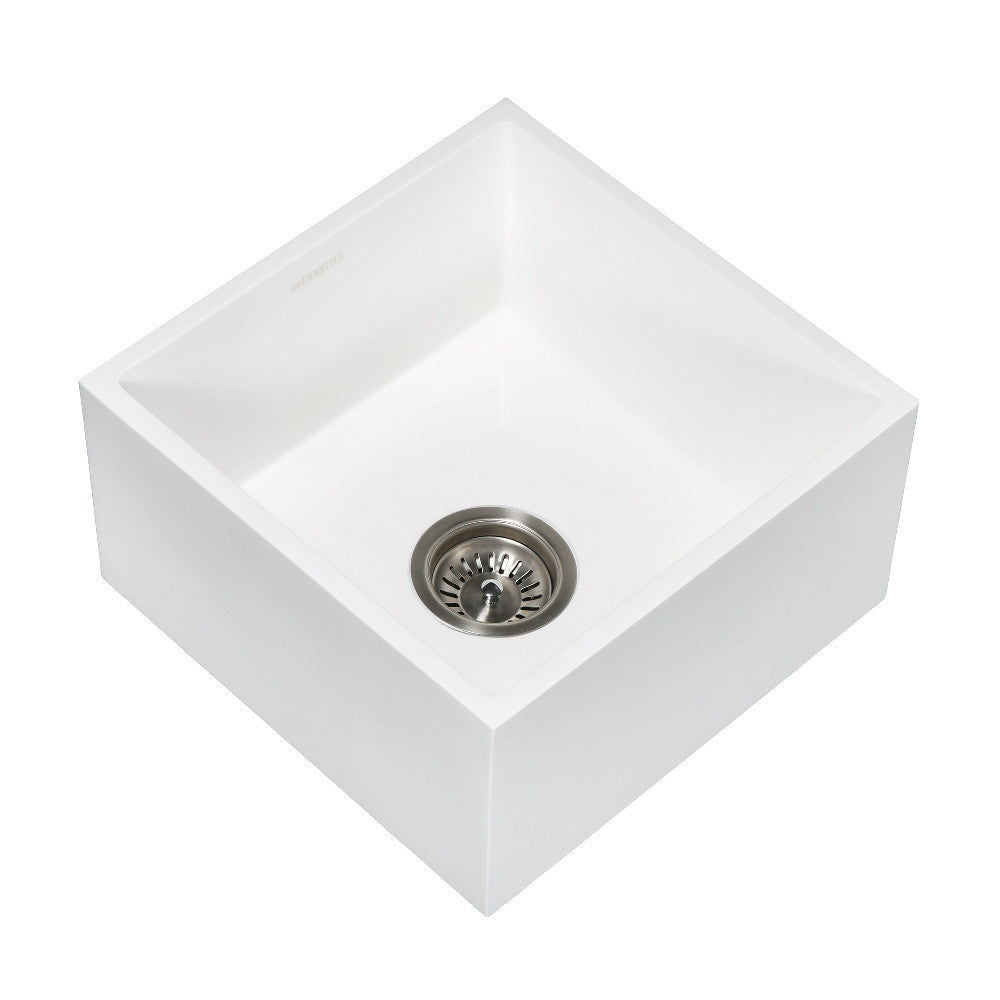Arcticstone Solid Surface Undermount 15‚Ä≥ Square Single Bowl Bar Sink with Drain, Matte White - BNGBath