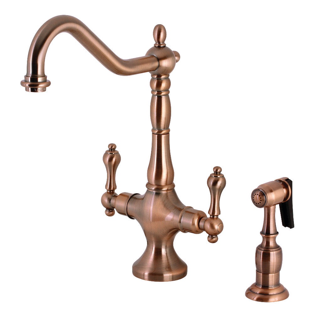 Kingston Brass KS177ALBSAC Heritage 2-Handle Kitchen Faucet with Brass Sprayer, Antique Copper - BNGBath