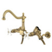 Thumbnail for Kingston Brass KS1243PXBS Heritage Two-Handle Wall Mount Bridge Kitchen Faucet with Brass Sprayer, Antique Brass - BNGBath