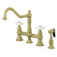 Thumbnail for Kingston Brass KS3277PXBS Restoration 8-Inch Bridge Kitchen Faucet with Sprayer, Brushed Brass - BNGBath