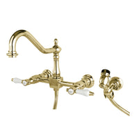 Thumbnail for Kingston Brass KS1242BPLBS Bel-Air Wall Mount Bridge Kitchen Faucet with Brass Sprayer, Polished Brass - BNGBath