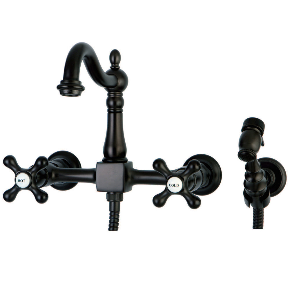 Kingston Brass KS1265AXBS Heritage Wall Mount Bridge Kitchen Faucet with Brass Sprayer, Oil Rubbed Bronze - BNGBath