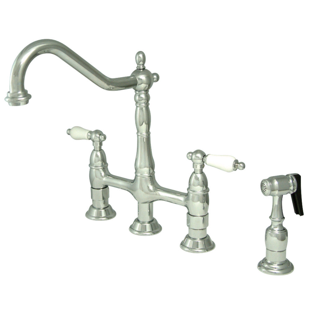 Kingston Brass KS1271PLBS Heritage Bridge Kitchen Faucet with Brass Sprayer, Polished Chrome - BNGBath