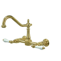 Thumbnail for Kingston Brass KS1242PL Heritage Two-Handle Wall Mount Bridge Kitchen Faucet, Polished Brass - BNGBath