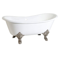 Thumbnail for Aqua Eden VCTNDS6731NL8 67-Inch Cast Iron Double Slipper Clawfoot Tub (No Faucet Drillings), White/Brushed Nickel - BNGBath