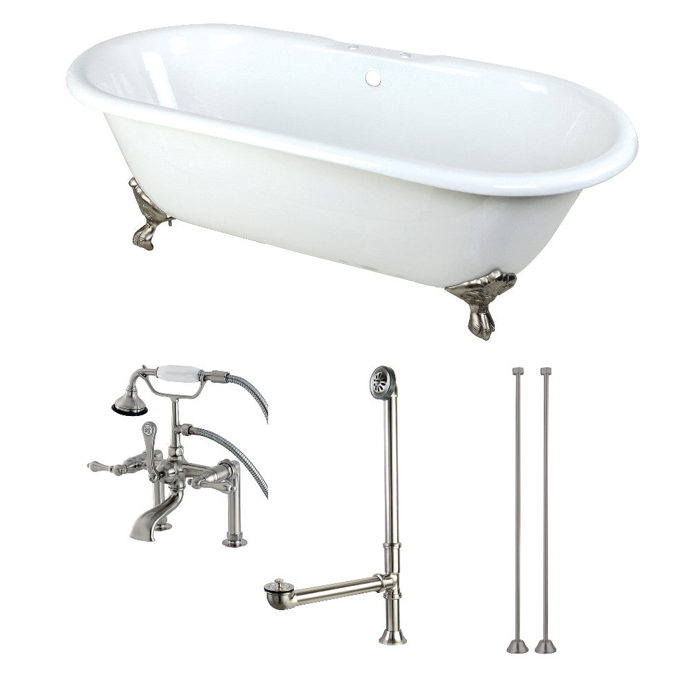 Aqua Eden KCT7D663013C8 66-Inch Cast Iron Double Ended Clawfoot Tub Combo with Faucet and Supply Lines, White/Brushed Nickel - BNGBath