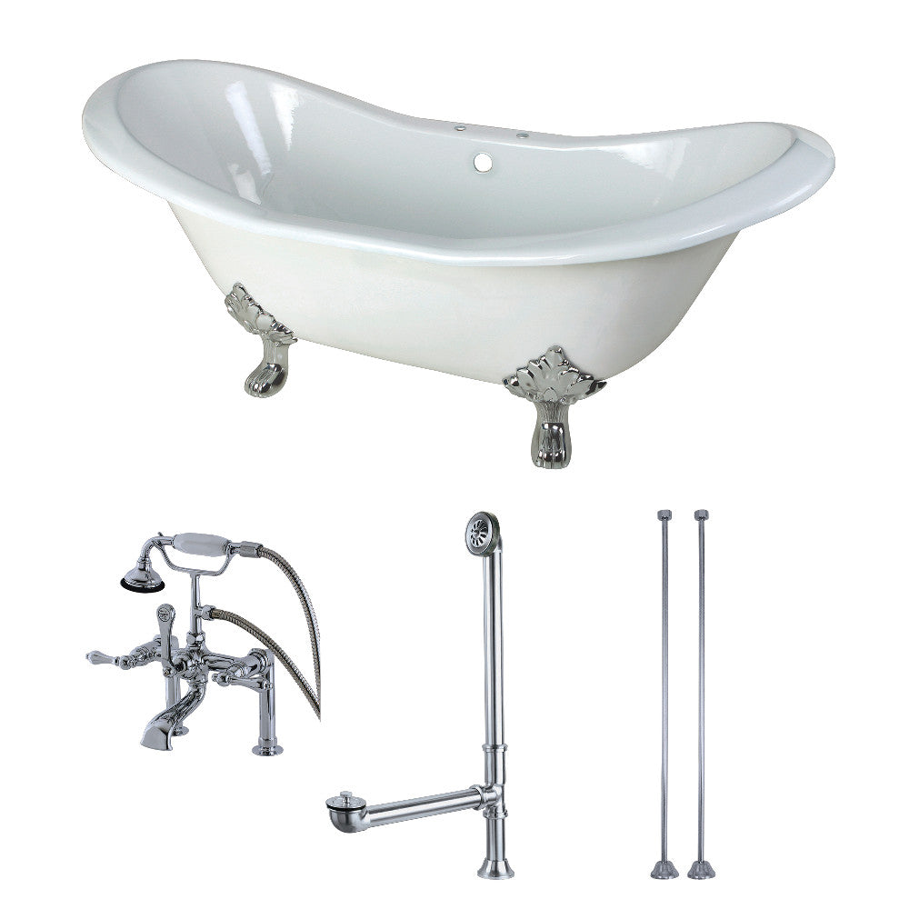 Aqua Eden KCT7D7231C1 72-Inch Cast Iron Double Slipper Clawfoot Tub Combo with Faucet and Supply Lines, White/Polished Chrome - BNGBath