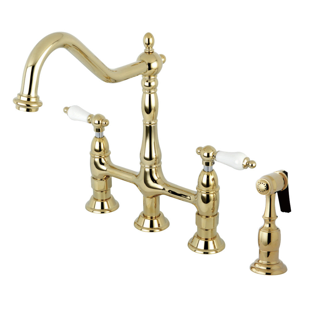 Kingston Brass KS1272PLBS Heritage Bridge Kitchen Faucet with Brass Sprayer, Polished Brass - BNGBath