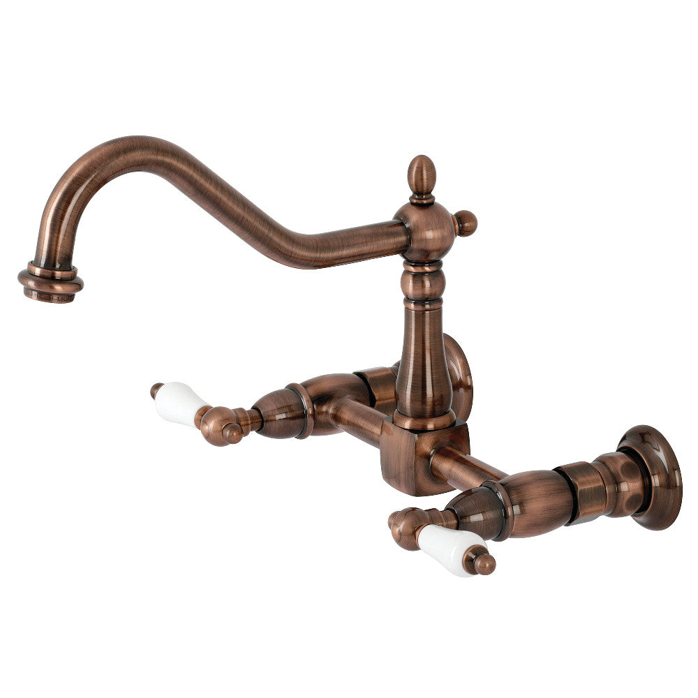 Kingston Brass KS124PLAC Heritage Two-Handle Wall Mount Bridge Kitchen Faucet, Antique Copper - BNGBath