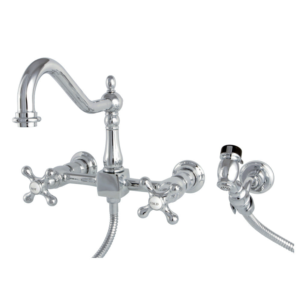 Kingston Brass KS1241AXBS Heritage Two-Handle Wall Mount Bridge Kitchen Faucet with Brass Sprayer, Polished Chrome - BNGBath