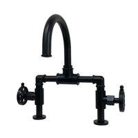 Thumbnail for Kingston Brass KS2170RX Belknap Industrial Style Wheel Handle Bridge Bathroom Faucet with Pop-Up Drain, Matte Black - BNGBath