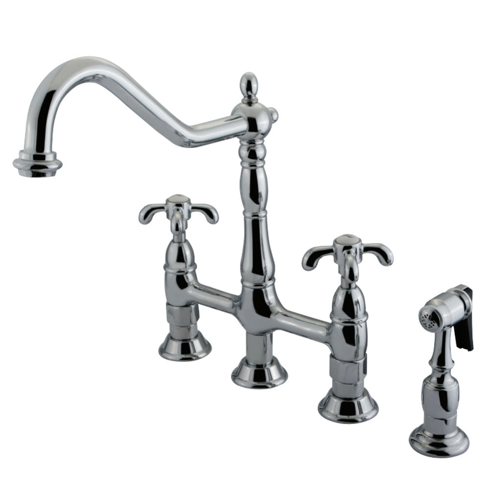 Kingston Brass KS1271TXBS French Country Bridge Kitchen Faucet with Brass Sprayer, Polished Chrome - BNGBath