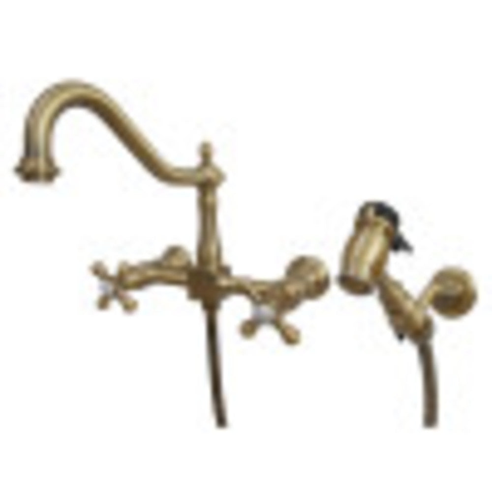 Kingston Brass KS1243AXBS Heritage Two-Handle Wall Mount Bridge Kitchen Faucet with Brass Sprayer, Antique Brass - BNGBath