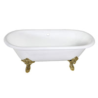 Thumbnail for Aqua Eden VCTDE7232NL2 72-Inch Cast Iron Double Ended Clawfoot Tub (No Faucet Drillings), White/Polished Brass - BNGBath