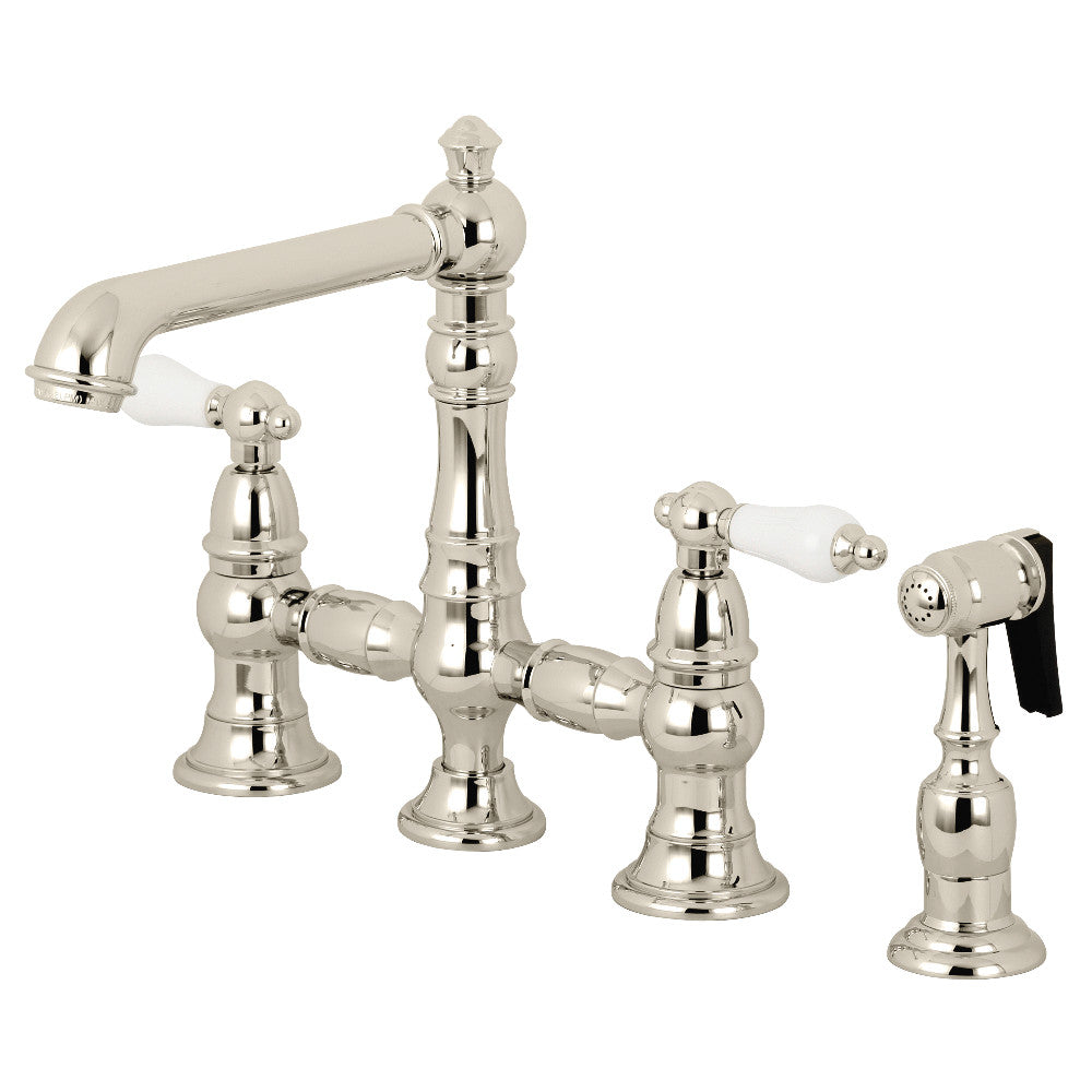 Kingston Brass KS7276PLBS English Country 8" Bridge Kitchen Faucet with Sprayer, Polished Nickel - BNGBath