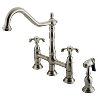 Thumbnail for Kingston Brass KS1278TXBS French Country Bridge Kitchen Faucet with Brass Sprayer, Brushed Nickel - BNGBath