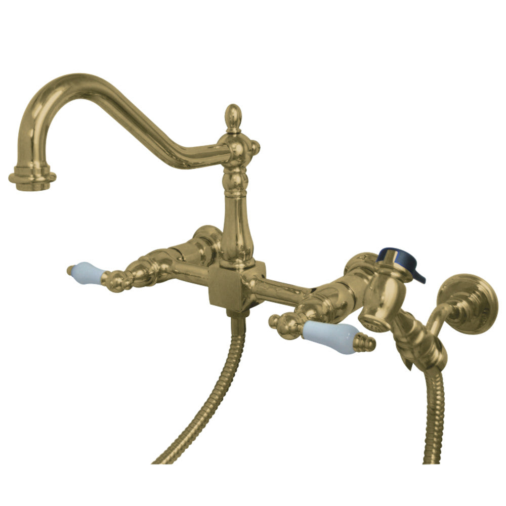 Kingston Brass KS1242PLBS Heritage Two-Handle Wall Mount Bridge Kitchen Faucet with Brass Sprayer, Polished Brass - BNGBath
