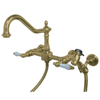 Thumbnail for Kingston Brass KS1242PLBS Heritage Two-Handle Wall Mount Bridge Kitchen Faucet with Brass Sprayer, Polished Brass - BNGBath