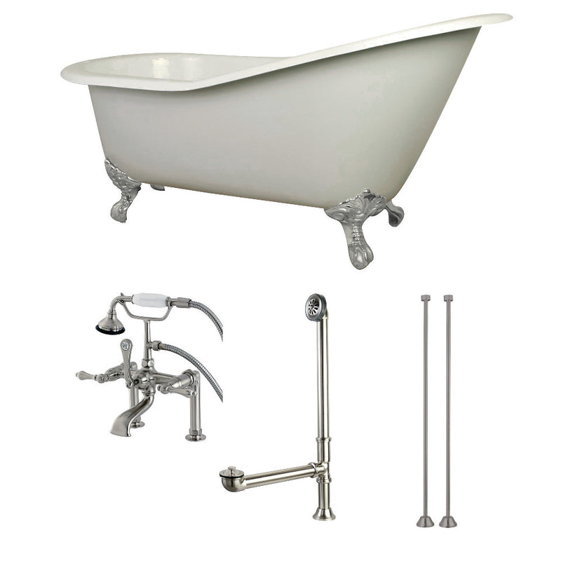 Aqua Eden KCT7D653129C8 62-Inch Cast Iron Single Slipper Clawfoot Tub Combo with Faucet and Supply Lines, White/Brushed Nickel - BNGBath