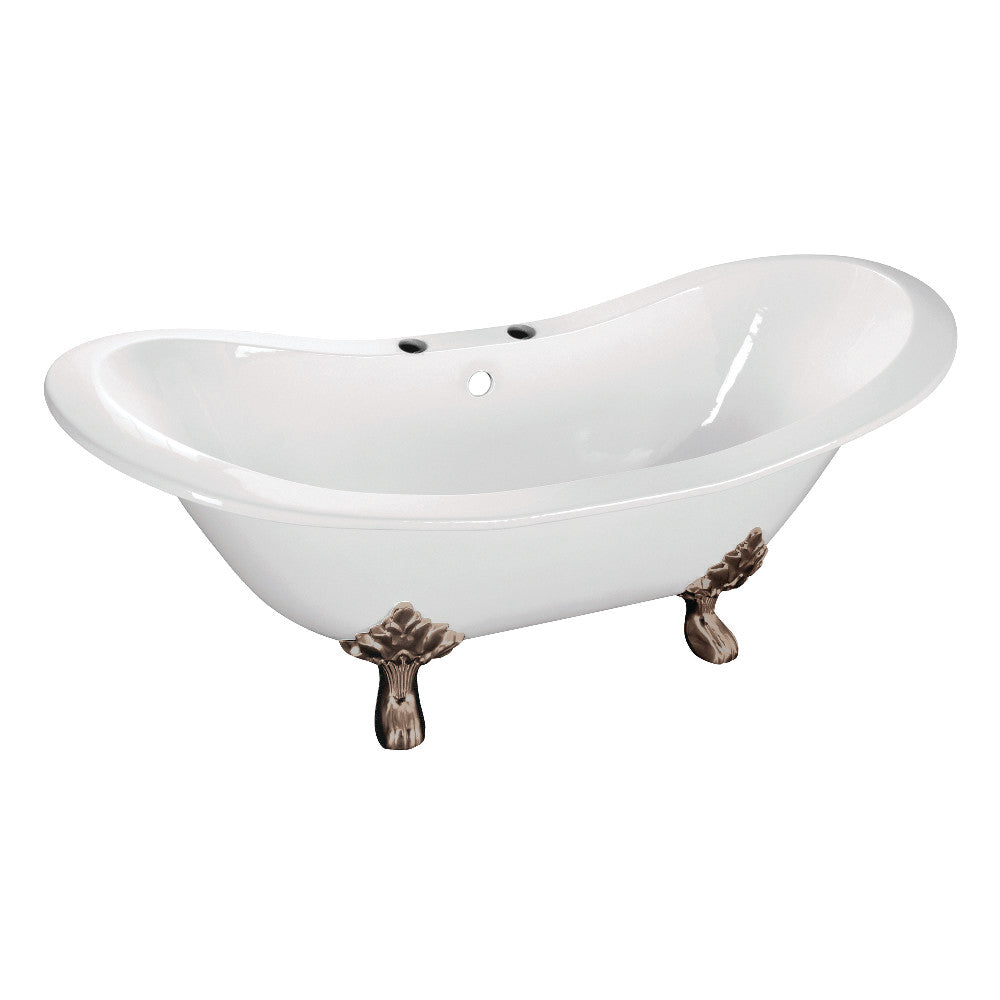 Aqua Eden VCT7DS6130NC8 61-Inch Cast Iron Double Slipper Clawfoot Tub with 7-Inch Faucet Drillings, White/Brushed Nickel - BNGBath