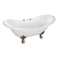 Thumbnail for Aqua Eden VCT7DS6130NC8 61-Inch Cast Iron Double Slipper Clawfoot Tub with 7-Inch Faucet Drillings, White/Brushed Nickel - BNGBath