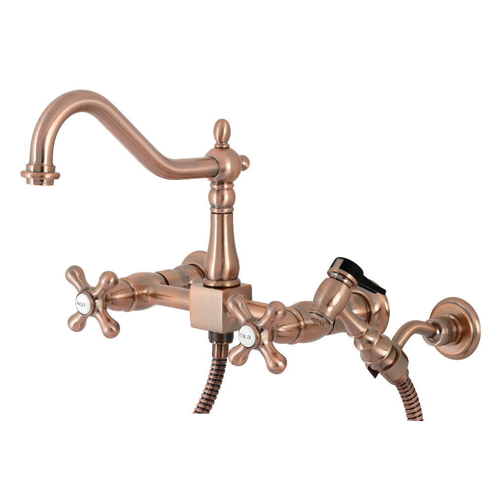 Kingston Brass KS124AXBSAC Heritage Two-Handle Wall Mount Bridge Kitchen Faucet with Brass Sprayer, Antique Copper - BNGBath