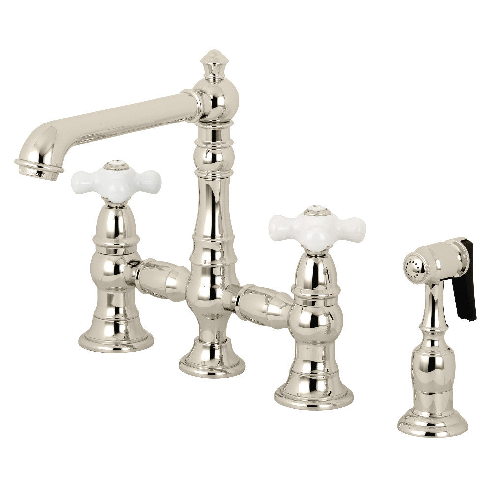 Kingston Brass KS7276PXBS English Country 8" Bridge Kitchen Faucet with Sprayer, Polished Nickel - BNGBath
