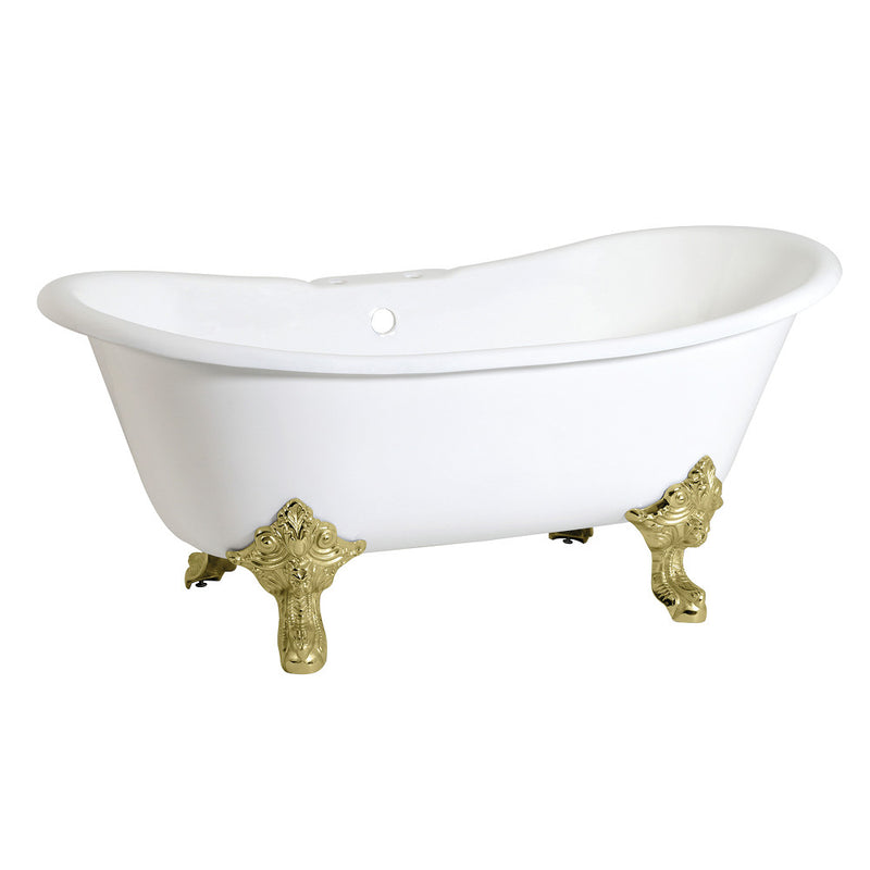 Aqua Eden VCT7DS6731NL2 67-Inch Cast Iron Double Slipper Clawfoot Tub with 7-Inch Faucet Drillings, White/Polished Brass - BNGBath
