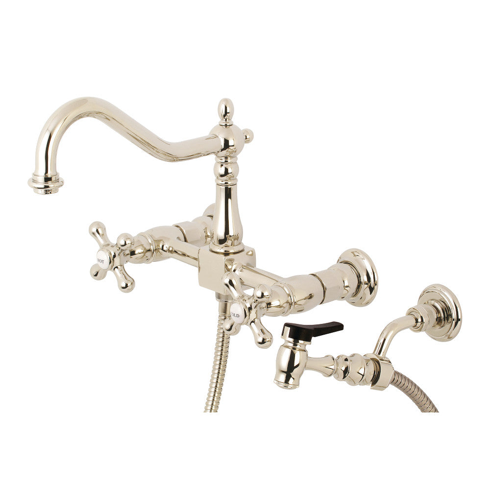Kingston Brass KS1246AXBS Heritage Two-Handle Wall Mount Bridge Kitchen Faucet with Brass Sprayer, Polished Nickel - BNGBath