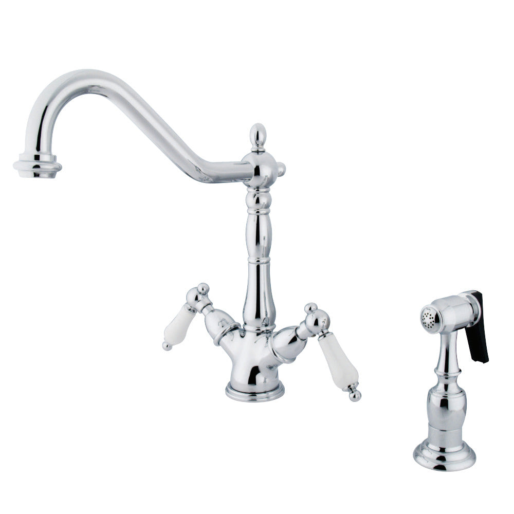 Kingston Brass KS1231PLBS Heritage 2-Handle Kitchen Faucet with Brass Sprayer and 8-Inch Plate, Polished Chrome - BNGBath
